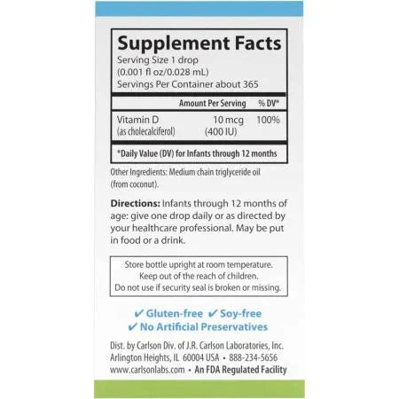 Carlson Labs Baby's Super Daily D3 365 Drops 10.3ml 400iu
