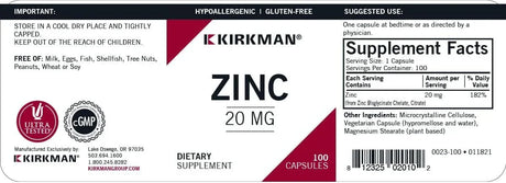 Kirkman Laboratories Zinc 20mg, Hypoallergenic - 100 Capsules