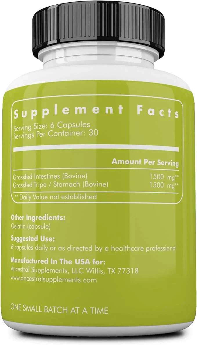 Ancestral Supplements Grass Fed Beef Intestines w/ Tripe (Stomach) - 180 Capsules