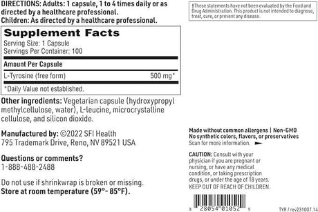 Klaire Labs - L-Tyrosine 500mg, 100 Capsules
