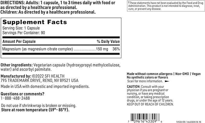 Klaire Labs Magnesium Citrate 150mg, 90 Capsules