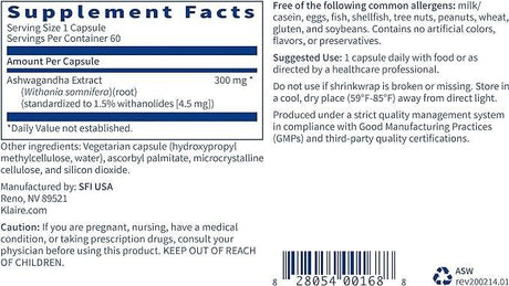 Klaire Labs - Ashwagandha Extract, 60 Capsules