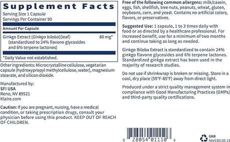 Klaire Labs Ginkgo Biloba Extract 80mg, 90 Capsules