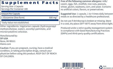 Klaire Labs L-Glutamine, 100 Capsules