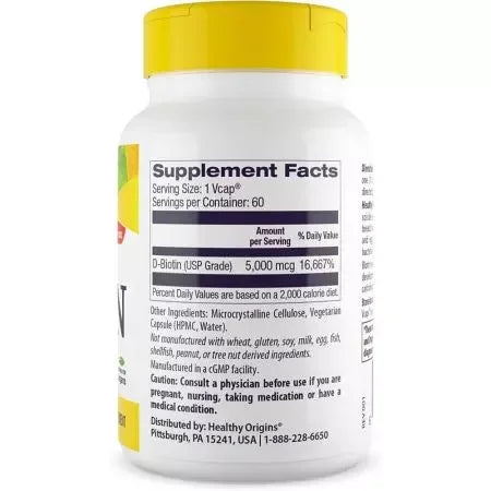 Healthy Origins Biotin 5,000mcg Veggie Capsules
