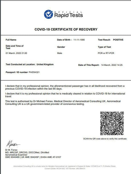 COVID-19 Recovery Certificate - Official Rapid Tests