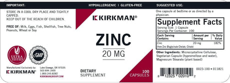 Kirkman Laboratories Zinc 20mg, Hypoallergenic - 100 Capsules