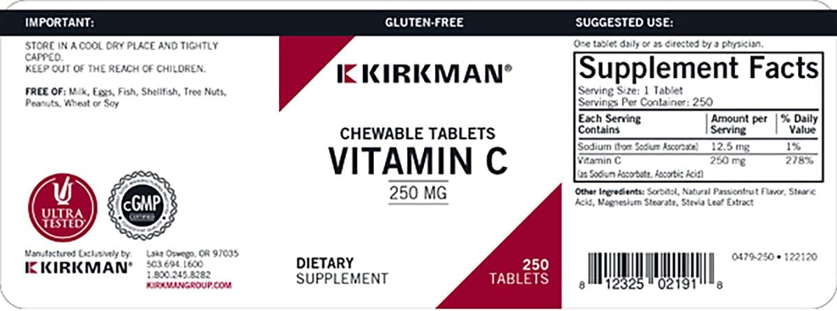 Kirkman Laboratories Vitamin C 250mg, 250 Chewable Tablets