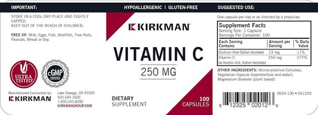 Kirkman Laboratories - Vitamin C 250mg, Hypoallergenic, 100 Capsules