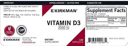 Kirkman Laboratories Vitamin D3 1000 IU, Hypoallergenic, 120 Capsules