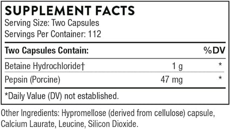 Thorne Research Betaine HCL & Pepsin, 225 Capsules