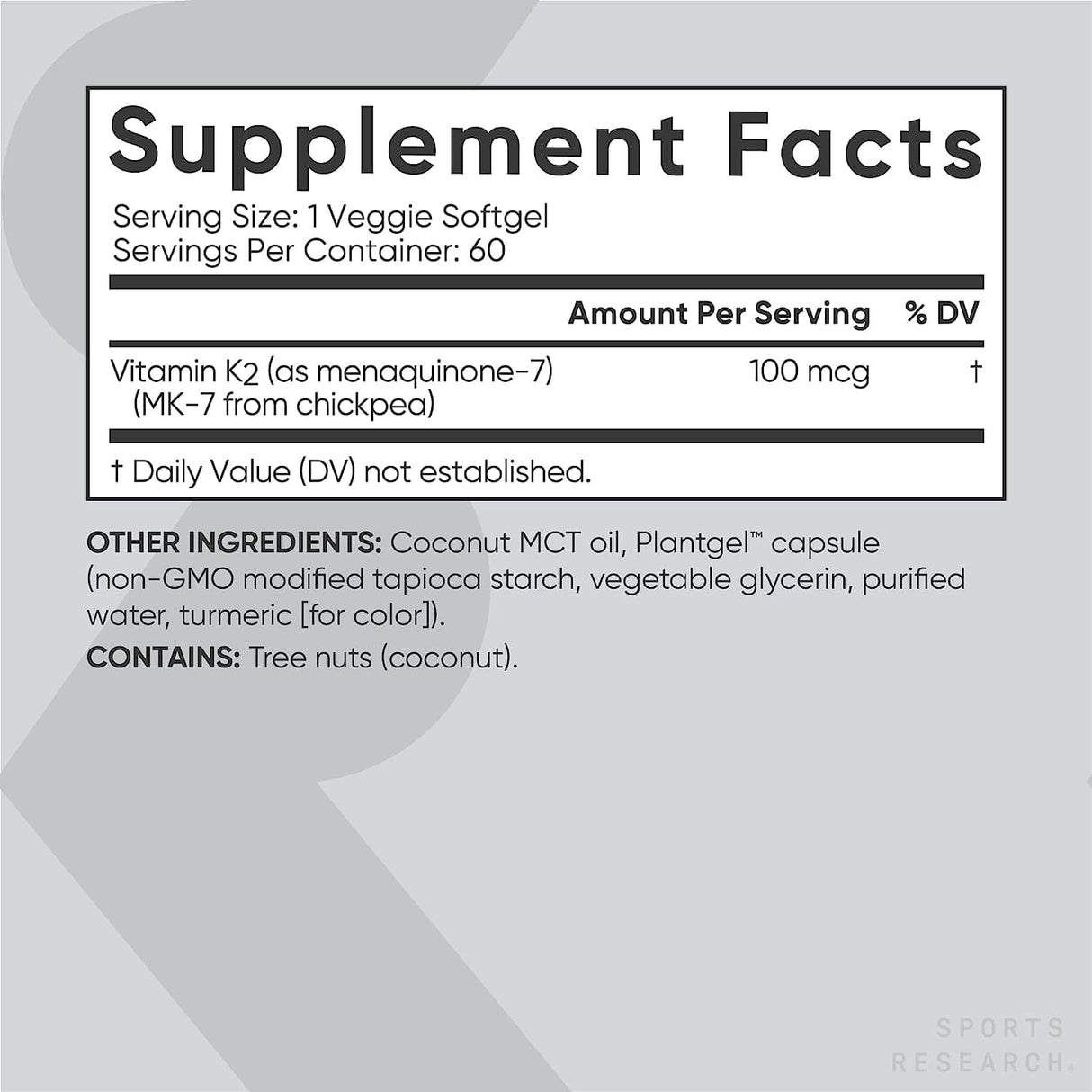 Sports Research Vitamin K2, 100 mcg, 60 Veggie Softgels