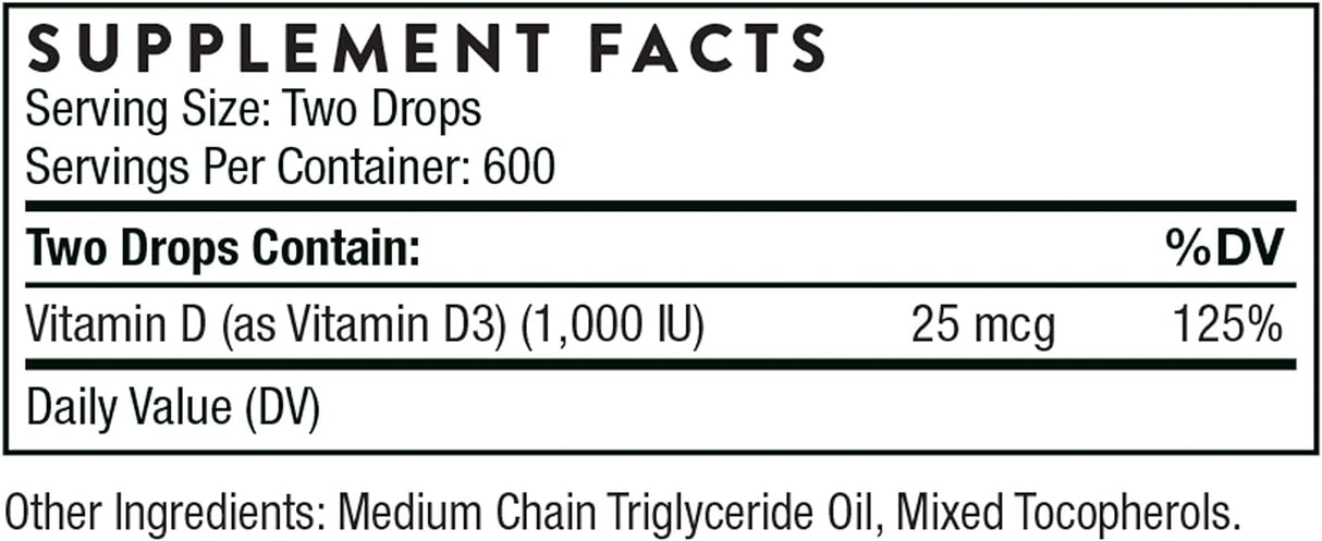 Thorne Vitamin D (D3/D-3) Liquid (1 oz / 30 ml) - 600 Servings