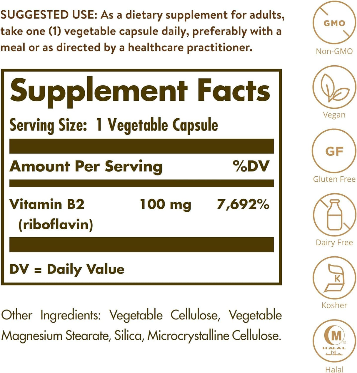 Solgar Vitamin B2 (Riboflavin) 100 mg, 100 capsules