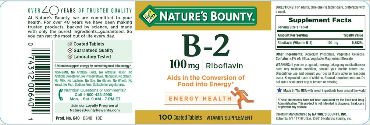 Nature's Bounty Vitamin B-2, 100 mg, 100 Tablets