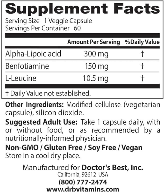 Doctor's Best Benfotiamine 150mg + Alpha-Lipoic Acid 300mg, 60 Capsules