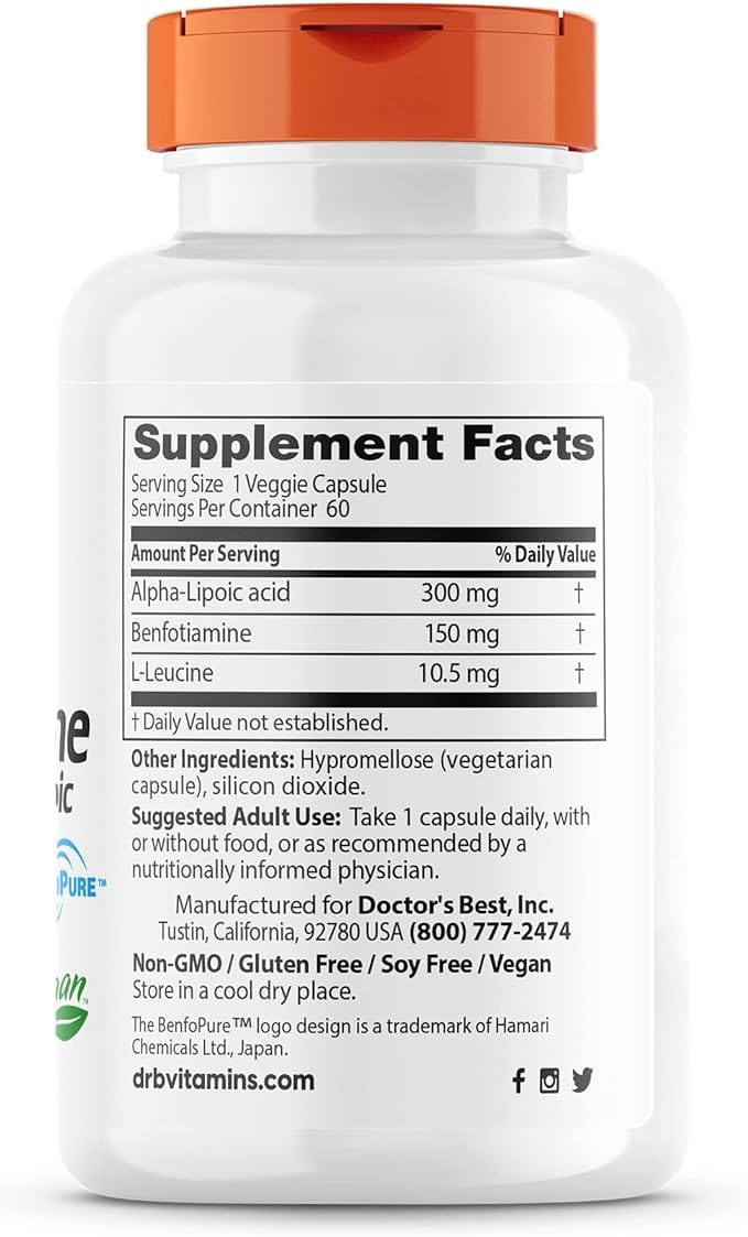 Doctor's Best Benfotiamine 150mg + Alpha-Lipoic Acid 300mg, 60 Capsules