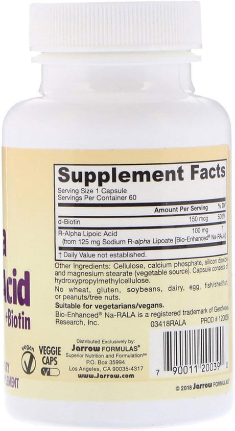 Jarrow Formulas R-Alpha Lipoic Acid + Biotin, 60 Capsules