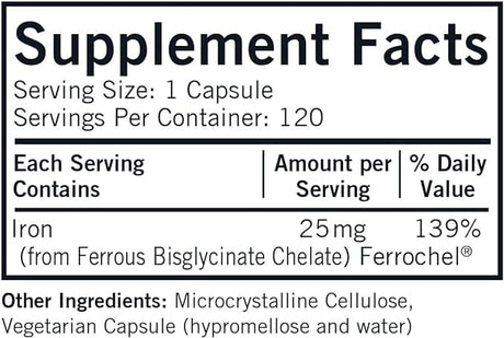 Kirkman Laboratories Iron Ferrochel 25mg (Hypoallergenic) 120 Capsules