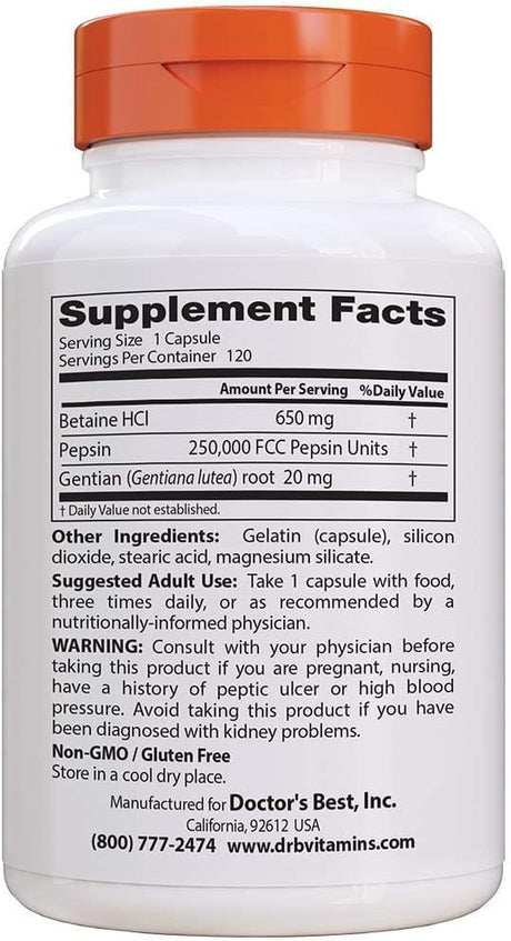 Doctor's Best Betaine HCL Pepsin & Gentian Bitters, 120 Capsules