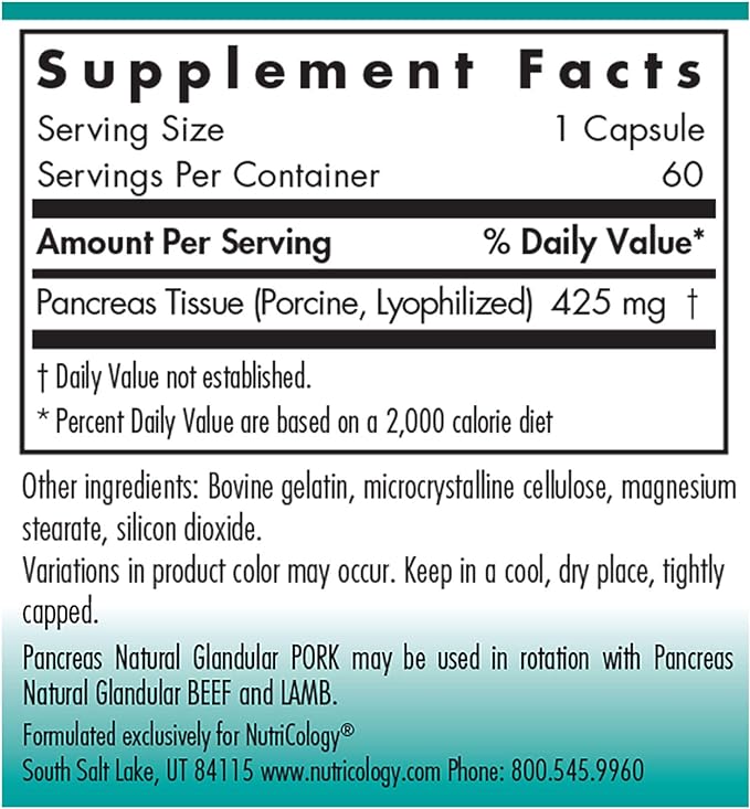 Nutricology / Allergy Research Group: Pancreas Natural Glandular Pork, 60 Veg Caps