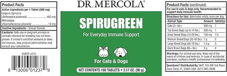 Dr. Mercola, SpiruGreen Superfood for Pets, 500 mg, 180 Tablets (For Dogs & Cats)