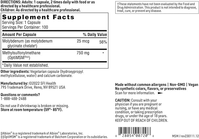 Klaire Labs MSM 750mg, 100 Capsules