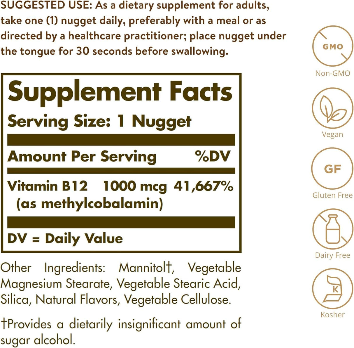 Solgar Sublingual Methylcobalamin (Vitamin B12), 1000 mcg, 60 Nuggets