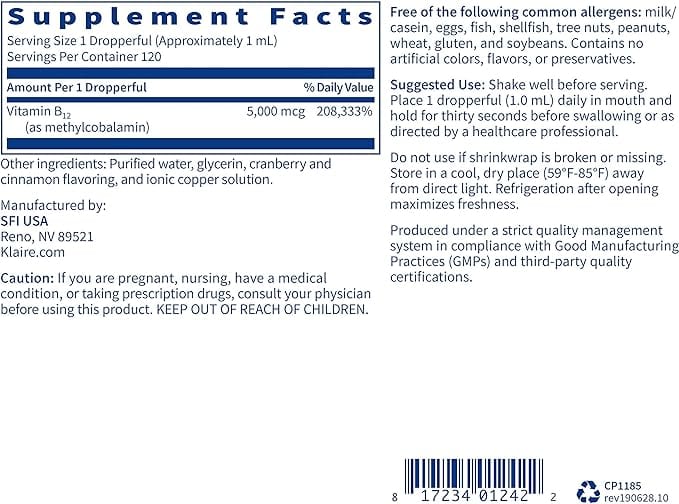 Klaire Labs B12 Liquid (Methylcobalamin) 5mg, 120ml