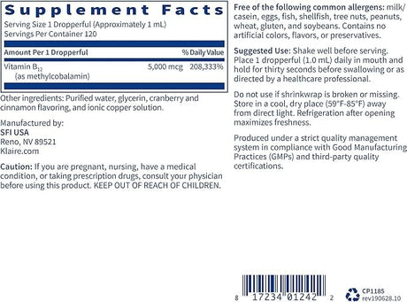 Klaire Labs B12 Liquid (Methylcobalamin) 5mg, 120ml