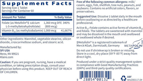 Active B12/B-12 Folate, 60 tablets - Klaire Labs - welzo