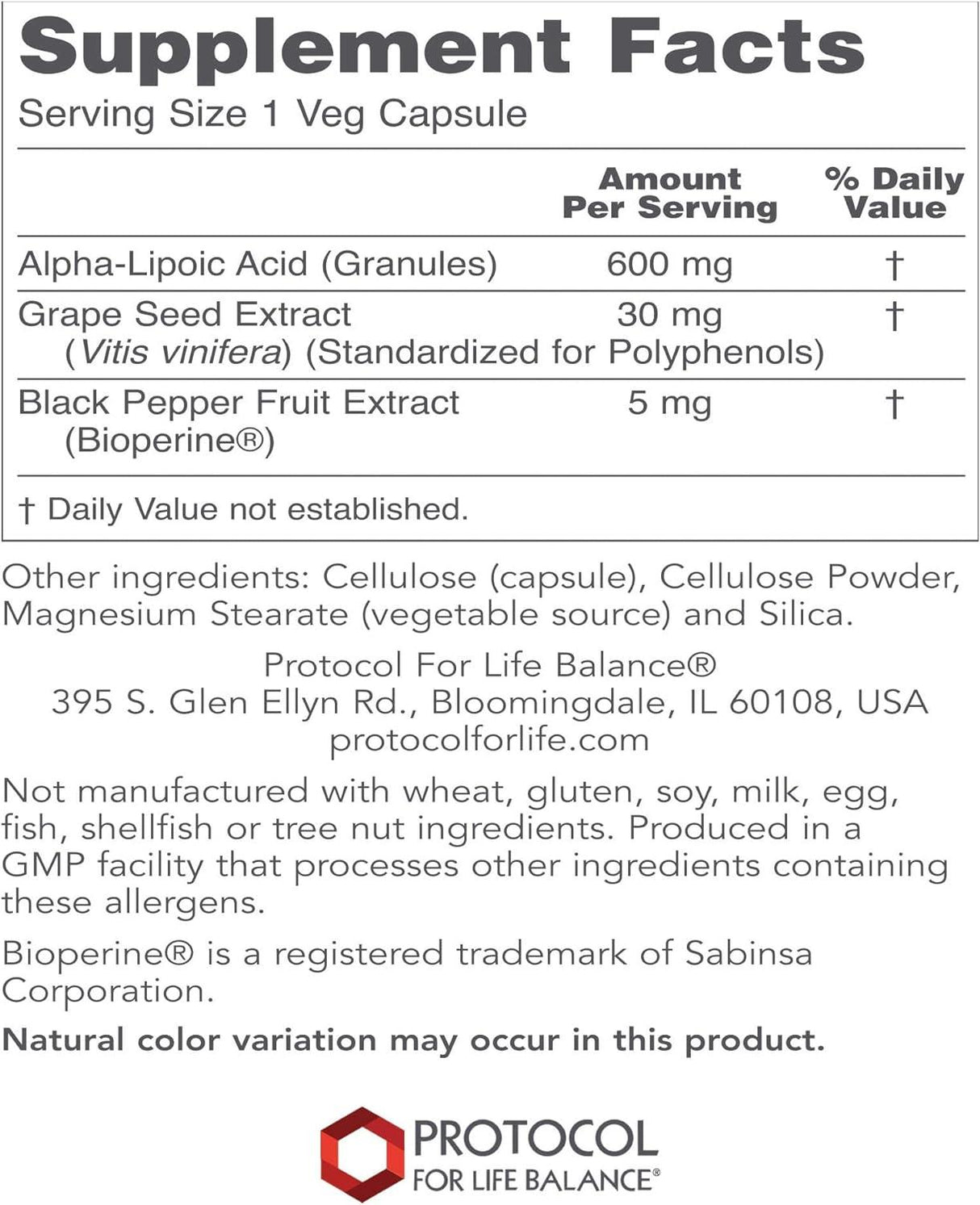 Protocol For Life Balance Alpha-Lipoic Acid 600mg 60 caps