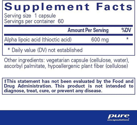 Alpha Lipoic Acid 600mg, 60 Capsules - Pure Encapsulations - welzo