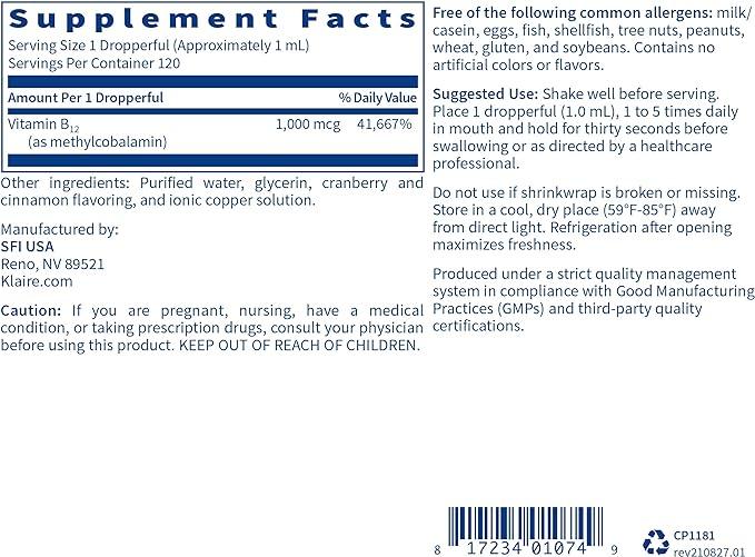 B12 Liquid (Methylcobalamin) 1mg, 120ml - Klaire Labs - welzo