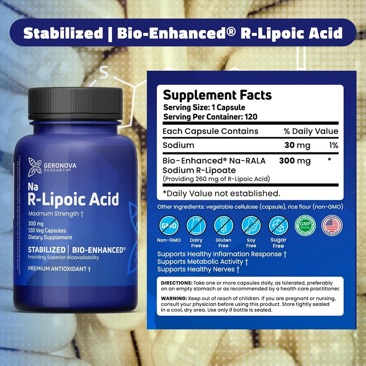 Bio-Enhanced R-Lipoic Acid - 300mg - 120 Caps - Geronova - welzo