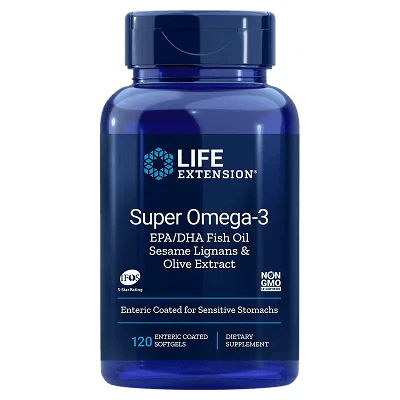 Super Omega-3 EPA/DHA Fish Oil, Sesame Lignans & Olive Extract, 120 Enteric Coated Softgels - Life Extension - welzo