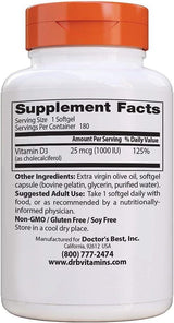 Vitamin D3 25mcg (1000 IU), 180 Softgels - Doctor's Best - welzo